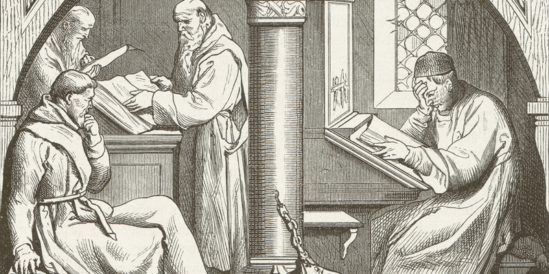 Boceto de estilo renacentista de monjes estudiando escritura